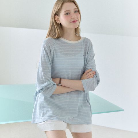 [ 롯데백화점 ][아워호프] Linen Sheer Stripe Raglan T-shirt - Sky Blue [H25SM3-TS08-SBL]