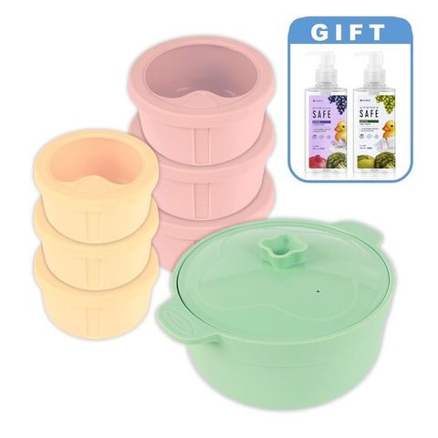 [싱글세트]LG생활건강 라쿠치나 실리콘 용기 6개+대형찜기 1개+주방세제 2개