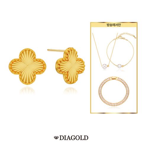 디아골드 24K 순금 컷팅 클로버 귀걸이+14K 진주 목걸이,팔찌세트+테니스팔찌