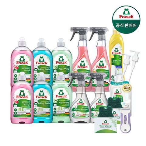 프로쉬 주방세제세트 (주방세제 6개+키친클리너 2개+자몽 기름때 클리너 2개+레몬 스크럽 세정제 1개+스크래퍼 1개+수세미 2개+펌프 2개+유연제 체험팩 1개)