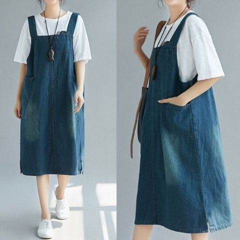 빅사이즈 여성의류 오버핏 청원피스 데님멜빵치마2572