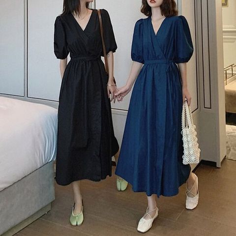 르메인 허리벨티드 퍼프소매 랩스타일 롱원피스