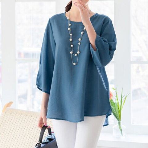 [바바라옷장][L~2XL]국내생산/인견_베이직 셔링 7부 블라우스/빅