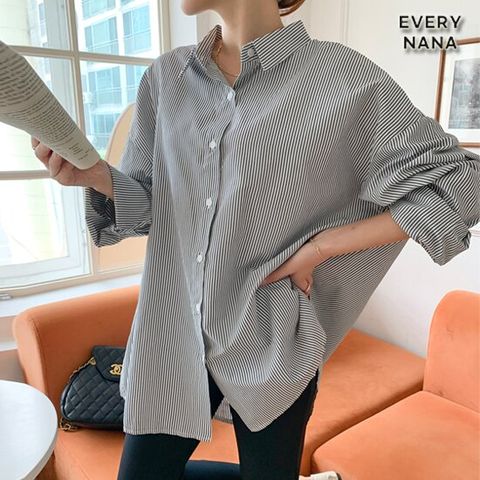 [에브리나나] 구김적은 스트라이프셔츠 / 루즈핏 오버핏 체형커버 빅사이즈 줄무늬 긴팔 간절기 남방 캐주얼 소라 레드 블랙 데일리룩 출근룩