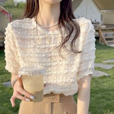 [페리엠]반팔 여름 프릴 레이스 퍼프 로메오소프트블라우스