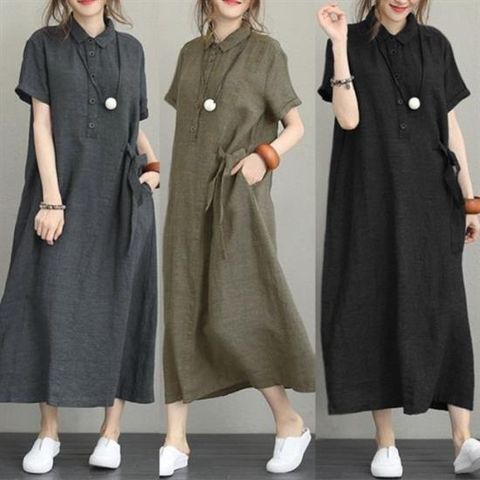 린넨 카라 롱 원피스 여름 치마 빅사이즈 린넨 원피스 루즈핏 퍼