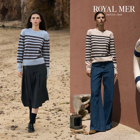 [런칭가 89000원]로얄메르 여성 버튼디테일 스트라이프 니트