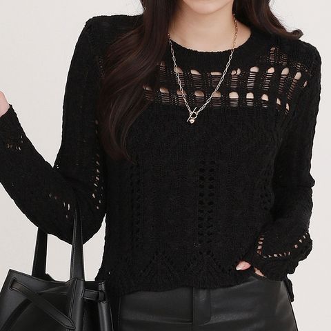 [르베리나] 네트 라운드넥 데미지 시스루 크롭 니트