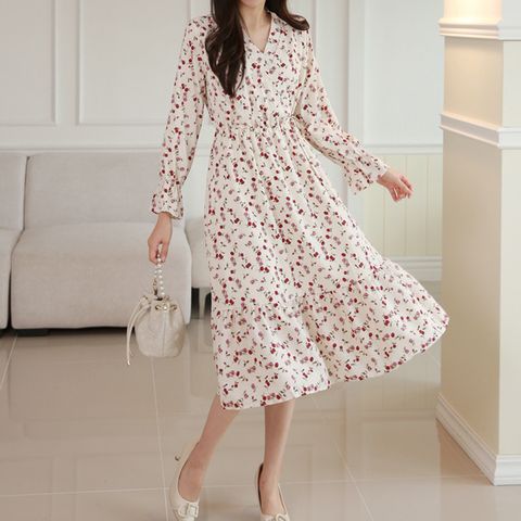 [르베리나] [∼88까지]플라워 허리 스트링 롱원피스