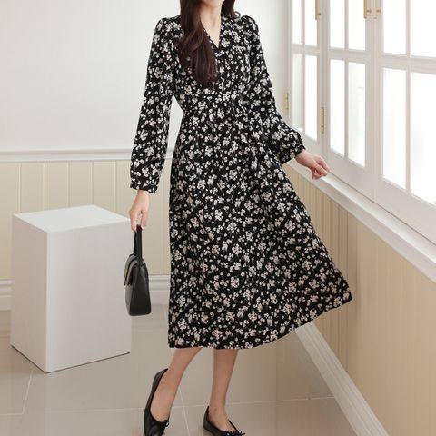 [르베리나] [∼88까지]플라워 프린팅 밴딩 롱 원피스