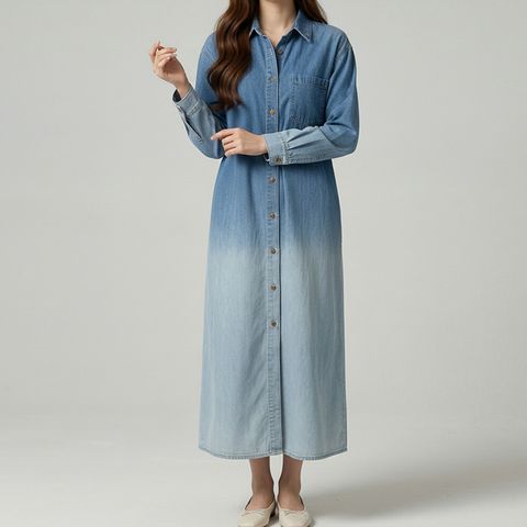 [퀸이즈] [∼77까지]잭 그라데이션 포켓 데님 셔츠 원피스