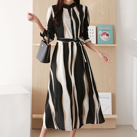 [르베리나] 리우스 물결 프린팅 롱 원피스