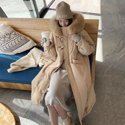 [무드무드] 모크 후드 퍼 롱 패딩