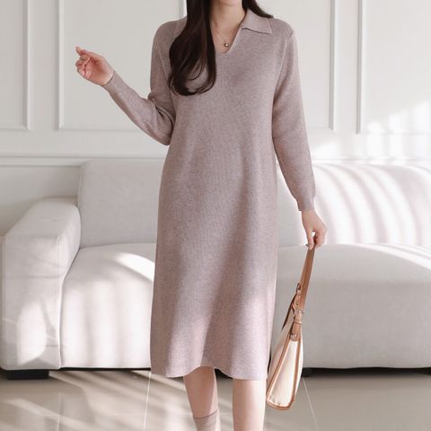 [르베리나] 키브 카라 브이넥 베이직 니트 롱 원피스