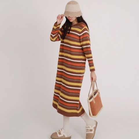 [르베리나] [∼77까지]리트 두툼 스트라이프 니트 후드 롱원피스