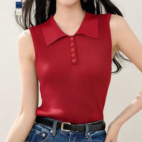 [퀸이즈] 넷 버튼 카라넥 골지 슬림 민소매 티셔츠