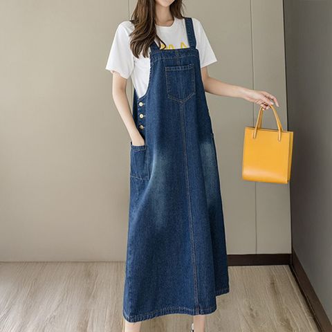 [퀸이즈] [∼88까지]크티 빅사이즈 숄더끈 데님 롱원피스