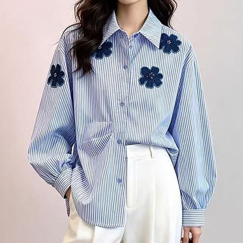 [퀸이즈] [∼88까지]르엘 오버핏 플라워 포인트 스트라이프 셔츠