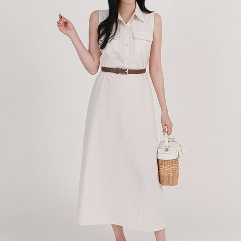[르베리나] [원피스+벨트SET] 서프 린넨 민소매 카라 데일리 원피스