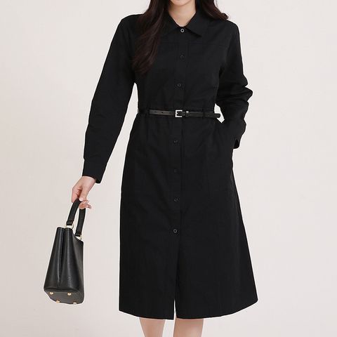 [르베리나] [벨트+원피스set]텐포 코튼 셔츠 카라 미디 원피스