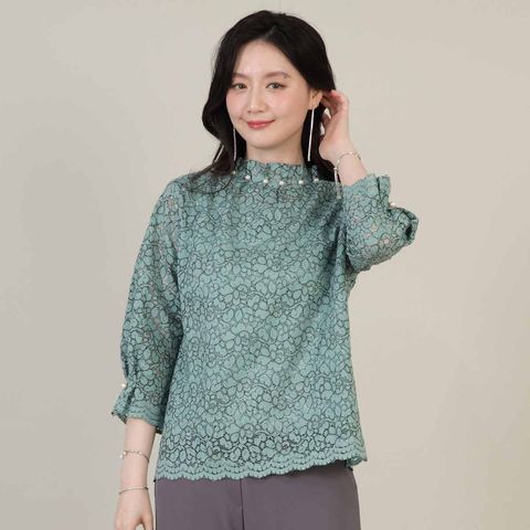 애비뉴투지 엄마옷 진주 하이넥 레이스 여성 봄 여름 칠부 퍼프소매 블라우스 B04630