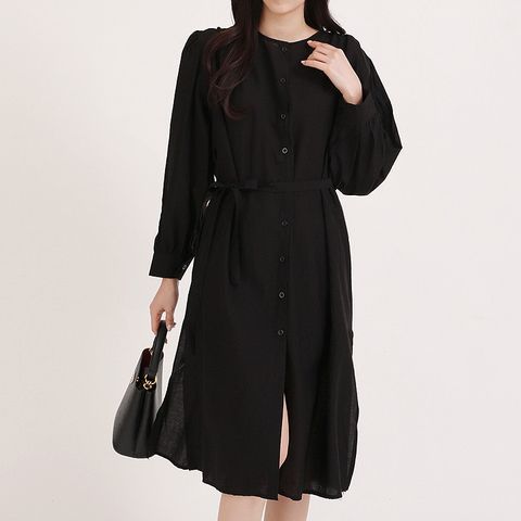 [르베리나] [∼77까지]로쉬 스트링 버튼 오버핏 롱 셔츠블라우스