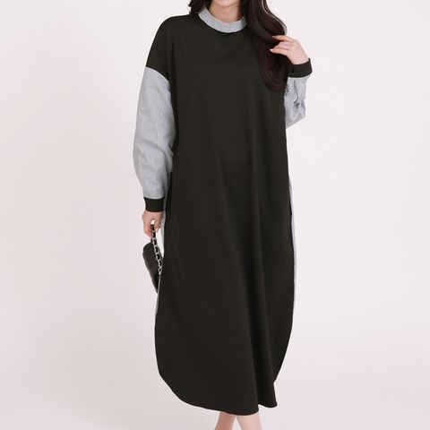 [르베리나] 론 옆트임 배색 포인트 롱 원피스