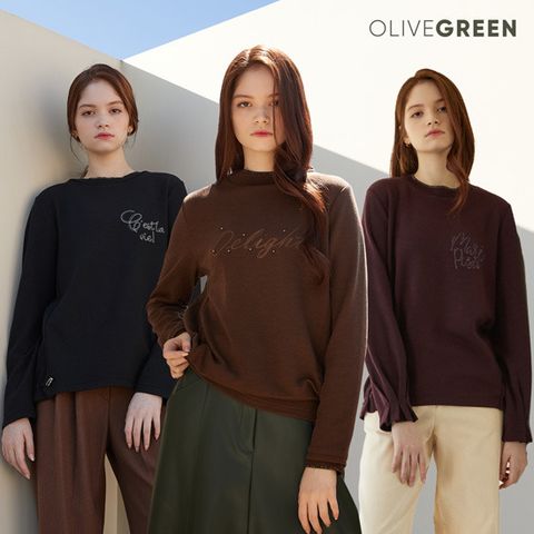 올리브그린 기모 자수 하이넥 풀오버3종