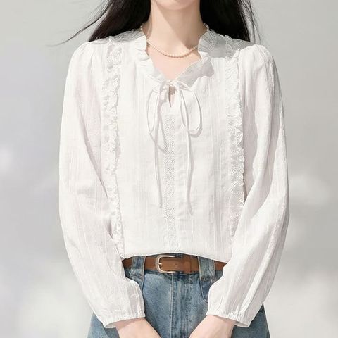 [퀸이즈] [∼77까지]코테 프릴 리본넥 포인트 블라우스