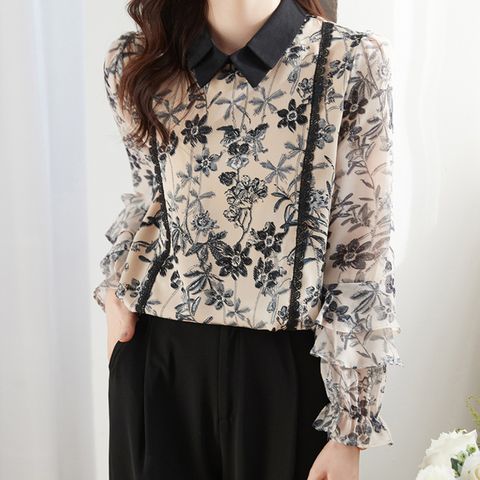 [퀸이즈] [∼77까지]인타 더블 카라 레이스 플라워 블라우스