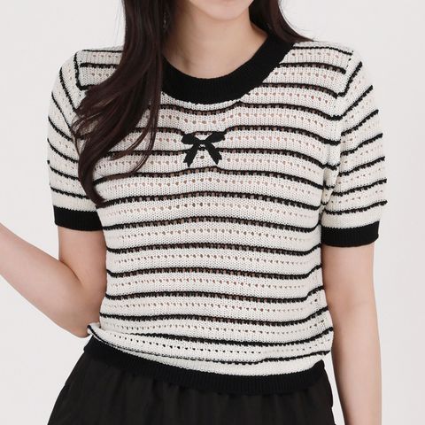 [르베리나] 파키 시스루 리본 스트라이프 크롭 니트 티셔츠