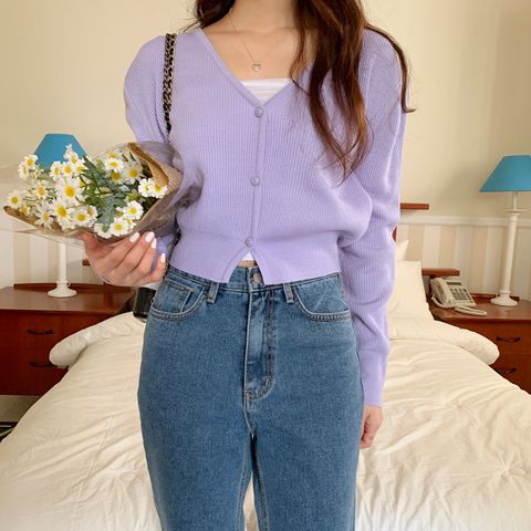네쥬 여성 봄 브이넥 크롭 데일리 슬림핏 긴팔 가디건