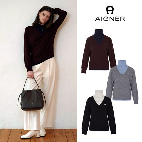 아이그너 26FW 하이넥 카라 배색 니트 (캐시미어 혼방)
