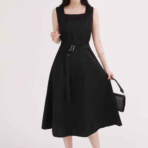[르베리나] 오넨 베이직 스퀘어 넥 민소매 벨트 원피스