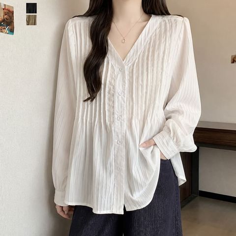 [르베리나] [∼99까지] 러린 모던 세로 핀턱 V넥 데일리 프릴 긴팔 블라우스