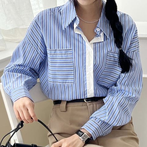 [르베리나] 스핀 오버핏 투포켓 스트라이프 셔츠