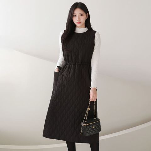 [르베리나] 호리 웜 데일리 허리스트링 퀄팅 롱 패딩원피스