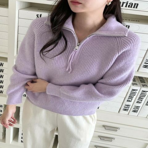 [하프클럽/다잇템]여자 포인트 롱슬리브 엷은 카라 하프집업 니트