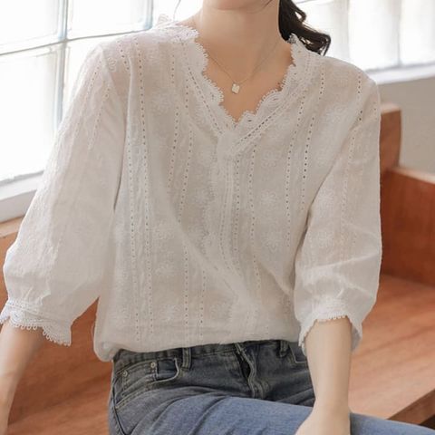 [퀸이즈] [∼77까지]토미 7부 소매 브이넥 프릴 블라우스