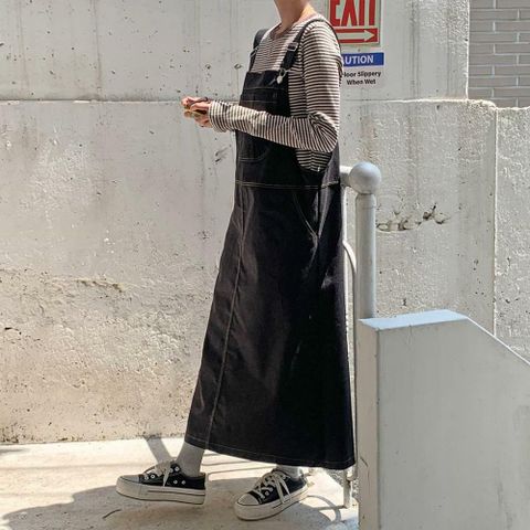 여자 MAXI 가을레이어드룩 서스펜더 검정데님 롱원피스