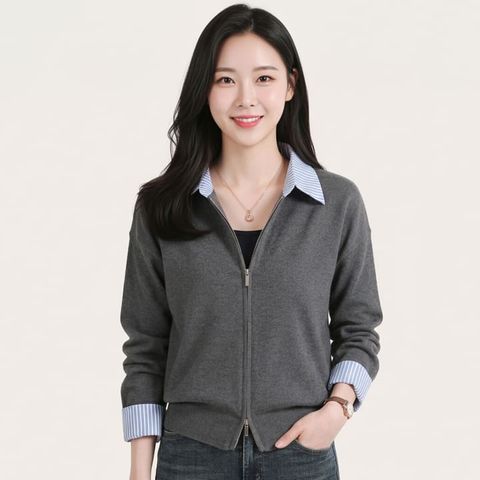 [르베리나] 이클 스트라이프 배색 투웨이 집업 니트 가디건