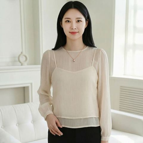 [르베리나] [블라우스+나시] 시스루 주름 블라우스 여리 뷔스티에 나시 세트