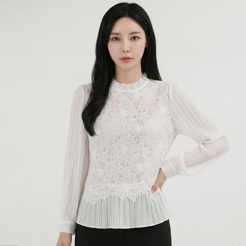 [르베리나] [∼77까지] 로토 화이트 시스루 프릴넥 데일리 블라우스