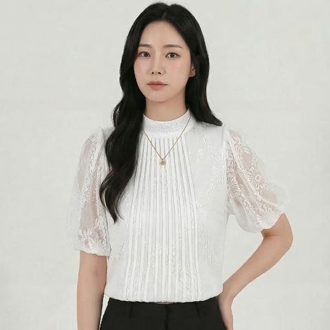 [르베리나] 베이 여성 레이스 퍼프소매 반하이넥 블라우스