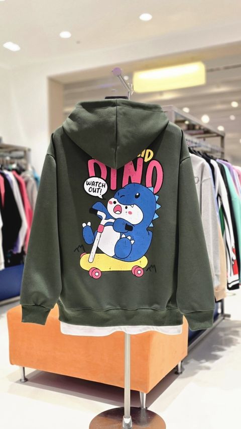 [현대백화점] 더블제이디 (남녀공용) 킥보드 아기공룡 다이노 오버핏 후드티셔츠 JGZZ30107(KH) +할인쿠폰