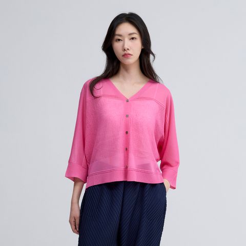 플리츠미 시스루 돌먼 배색 니트 가디건_EKCDM225007