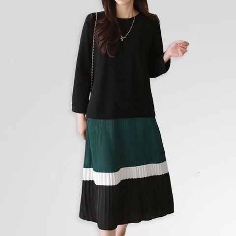 [르베리나] 투톤 배색 니트 롱 원피스