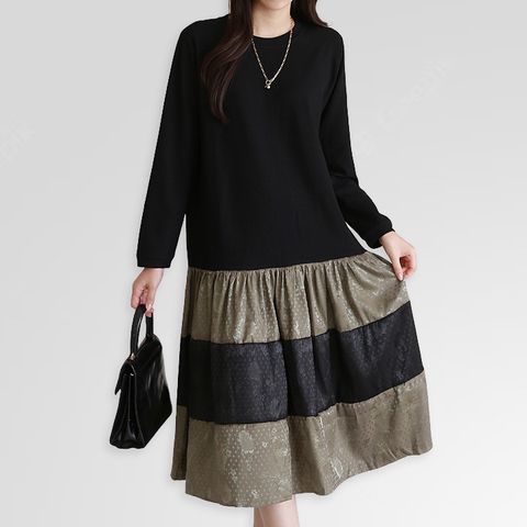 [르베리나] 배색 포인트 니트 롱 원피스