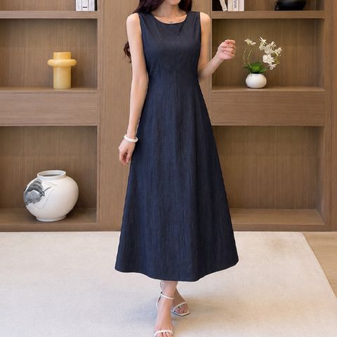 [퀸이즈] [∼77까지]로언 썸머 데님 슬림핏 A라인 나시 롱원피스