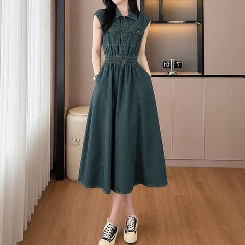 [퀸이즈] [∼77까지]캐롤 데님 캡소매 밴딩 뒷트임 롱원피스